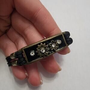 Vintage Boho Black Cord Bracelet Floral Metal Bar Rhinestone Accents Adjustable